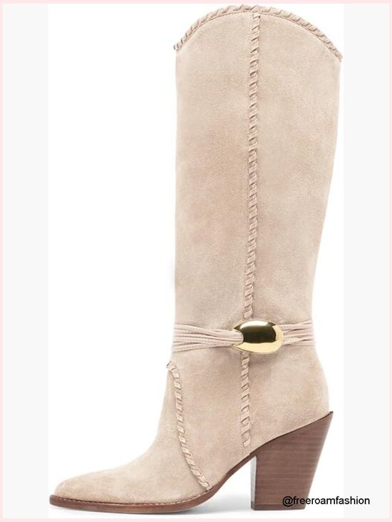 Shoes - Cowboy Knee High Boots Western Cowgirl Stacked Block Heel Pointed Toe Pull On